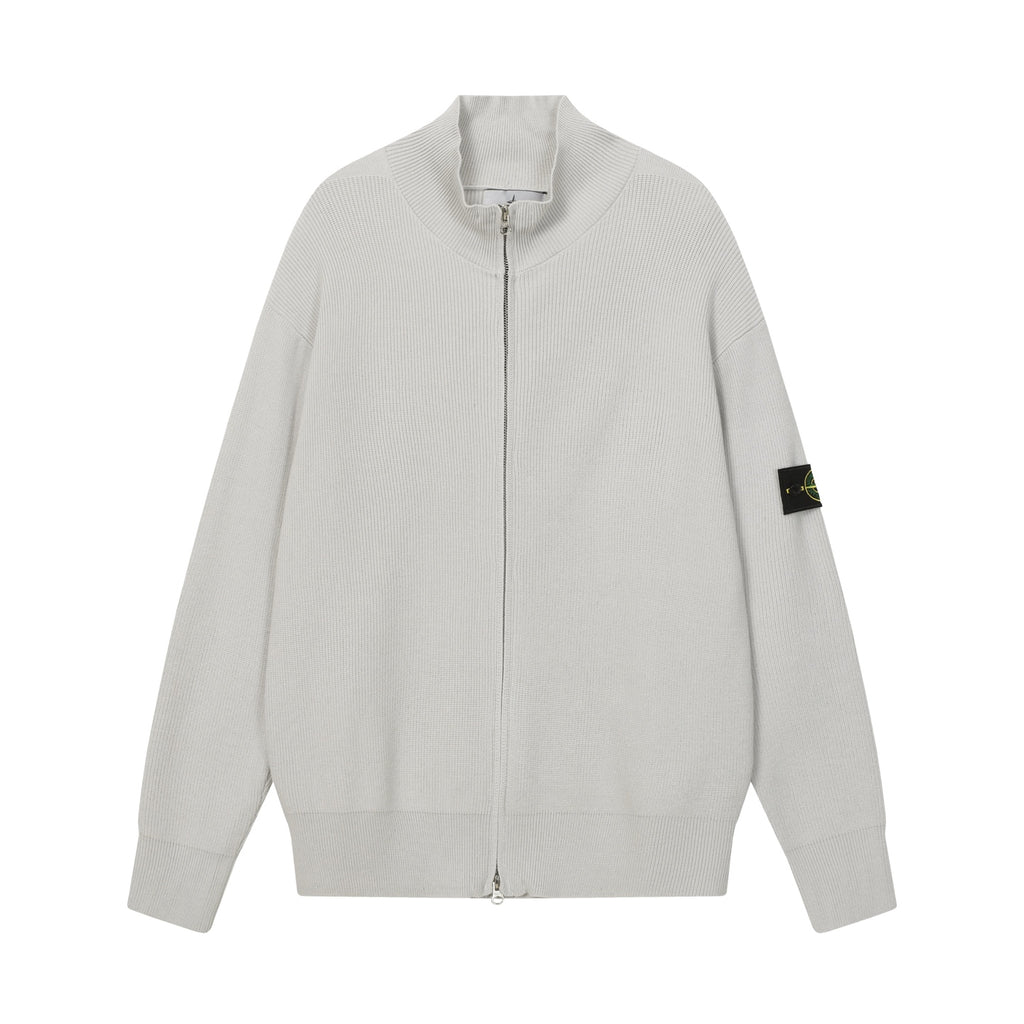 Light gray knit zip jacket with stand collar and full front zipper