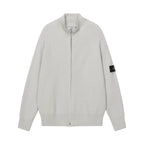 Light gray knit zip jacket with stand collar and full front zipper