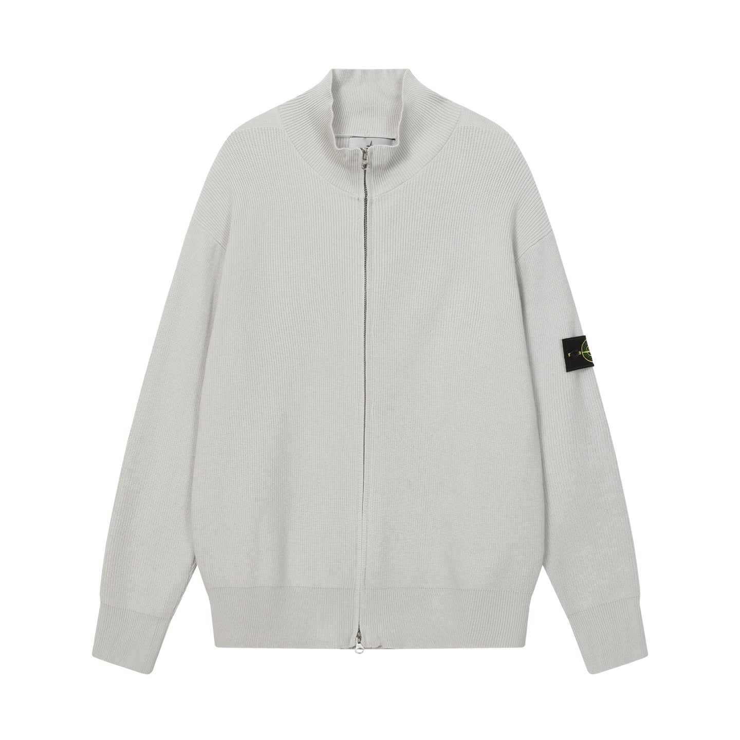 Light gray knit zip jacket with stand collar and full front zipper