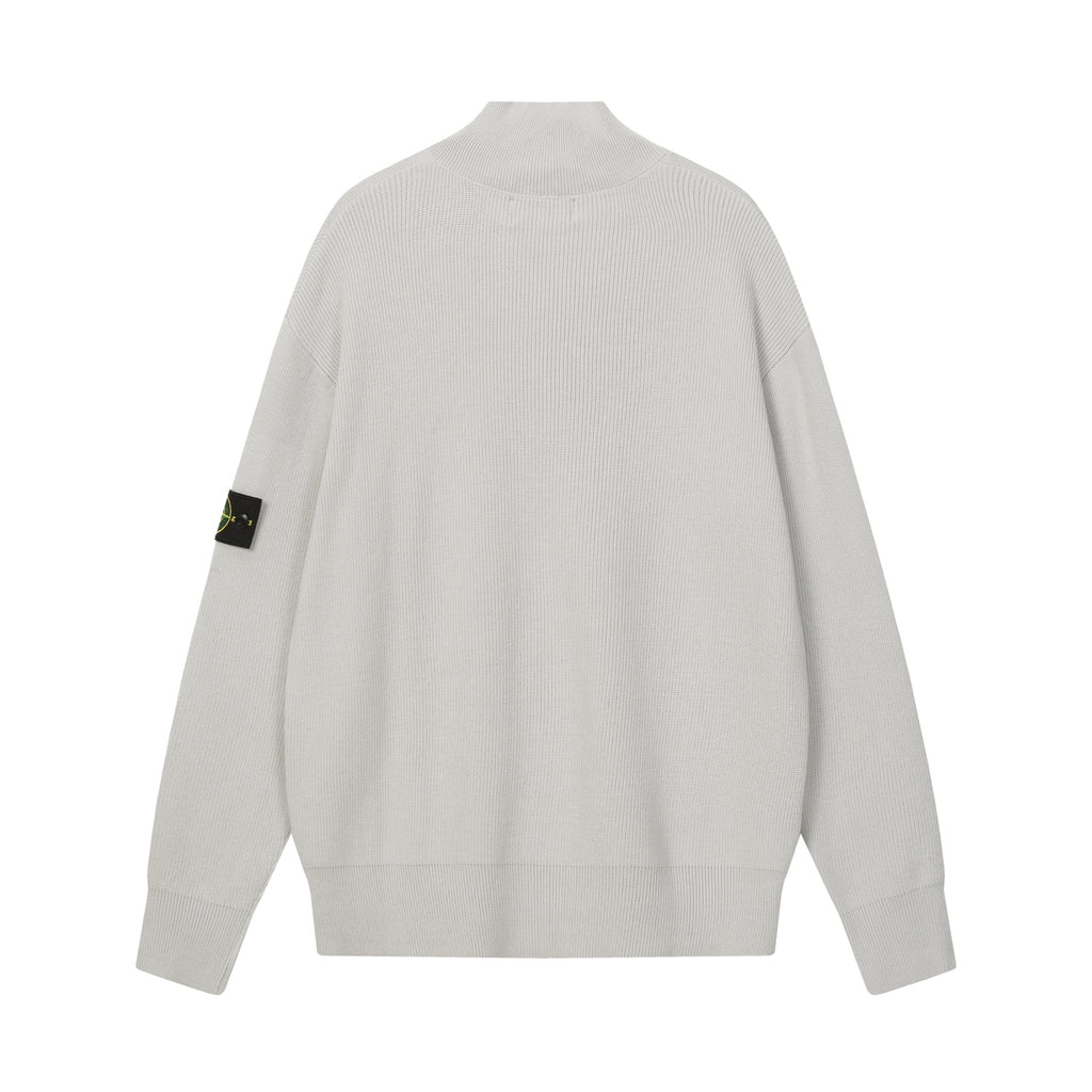 Light gray knit jacket with stand collar, ribbed cuffs, and sleeve patch