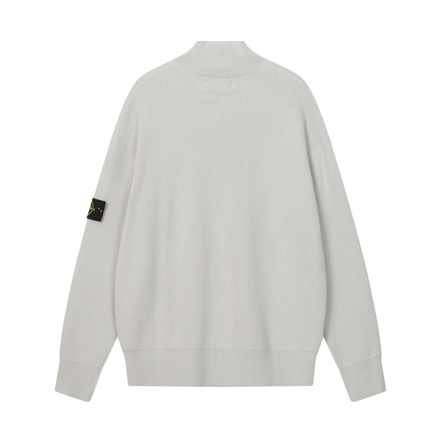 Light gray knit jacket with stand collar, ribbed cuffs, and sleeve patch