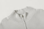 Light gray knit jacket stand collar with front zipper and metal pull