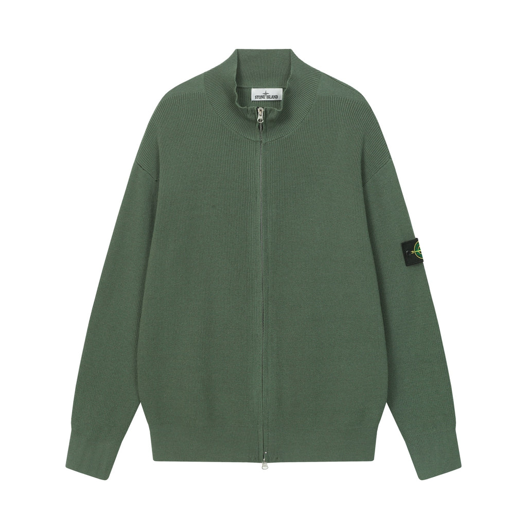 Stone Island zip jacket, dark green knit with stand collar and long sleeves
