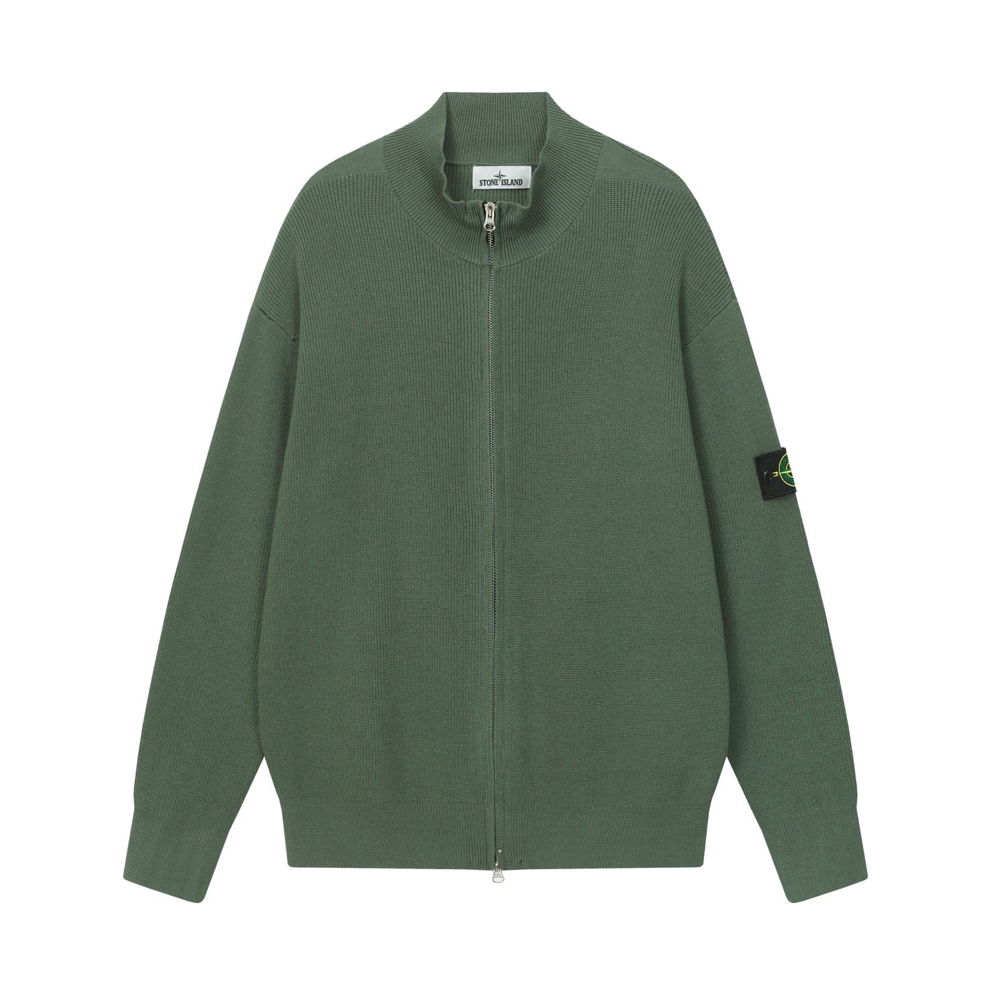 Stone Island zip jacket, dark green knit with stand collar and long sleeves