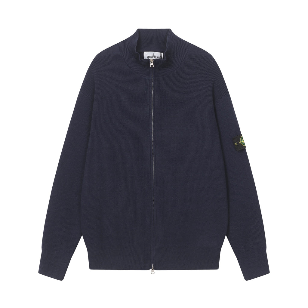 Stone Island knit zip jacket with stand collar and long sleeves, dark navy