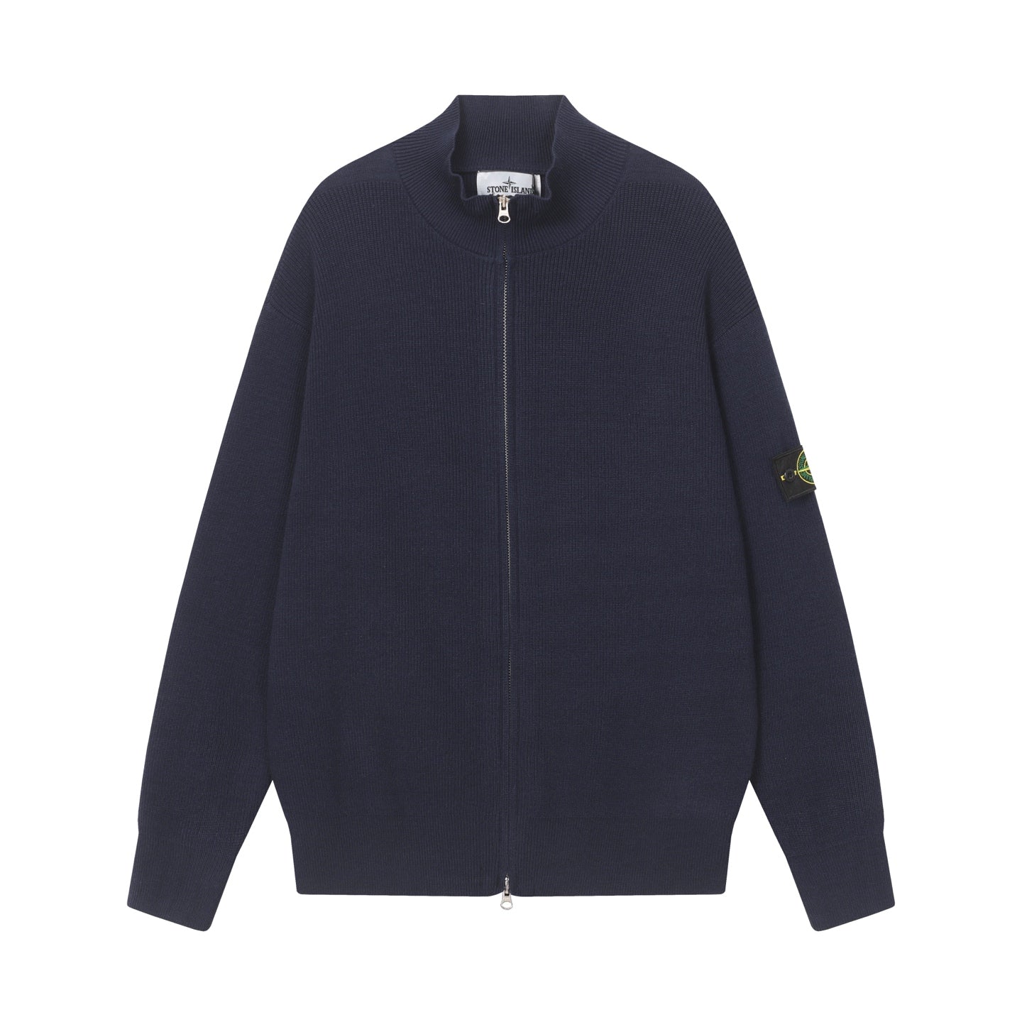Stone Island knit zip jacket with stand collar and long sleeves, dark navy