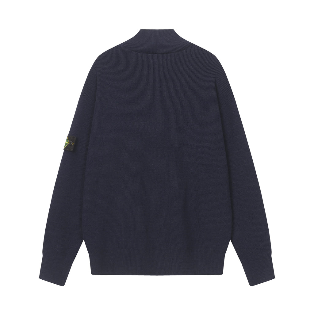 Stone Island dark navy knit jacket, full zip and stand collar, back view