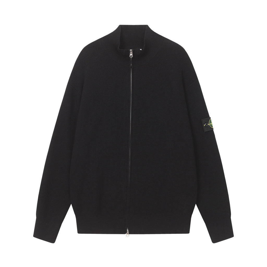 Stone Island black zip-up jacket with stand collar and long sleeves