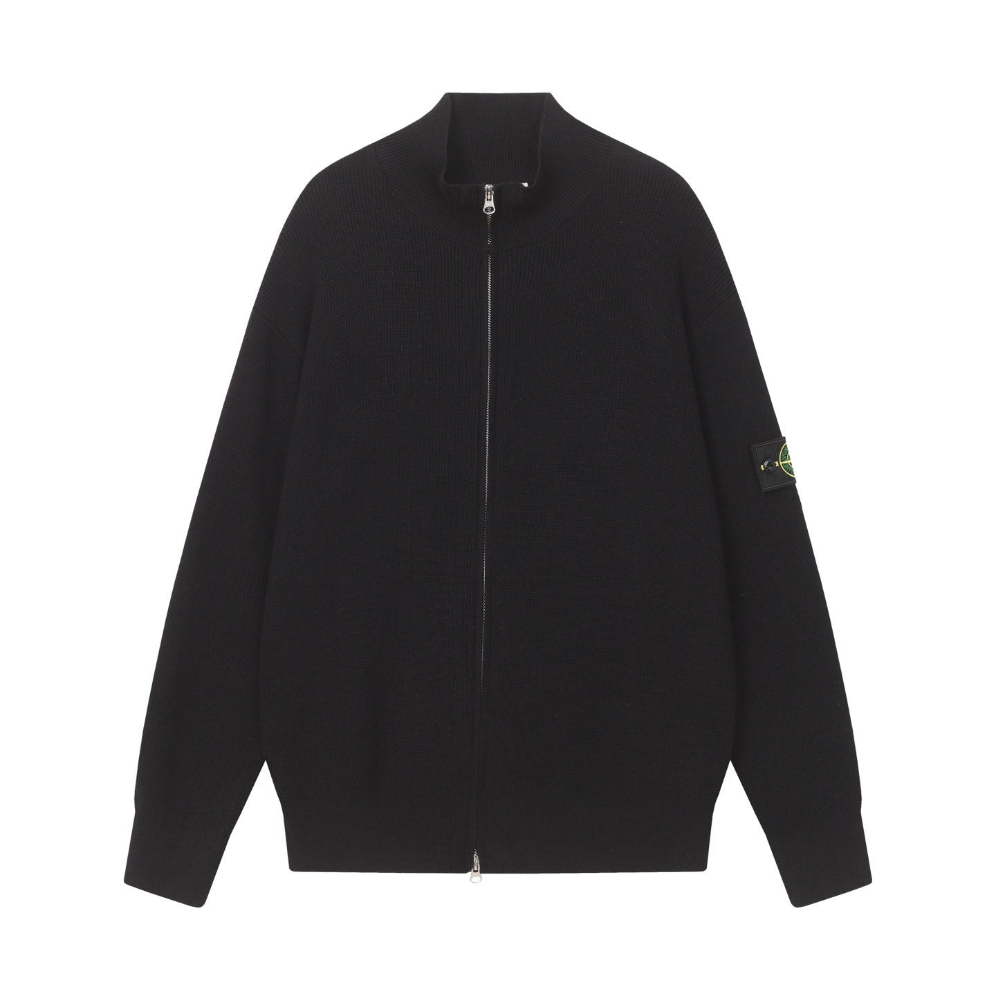 Stone Island black zip-up jacket with stand collar and long sleeves