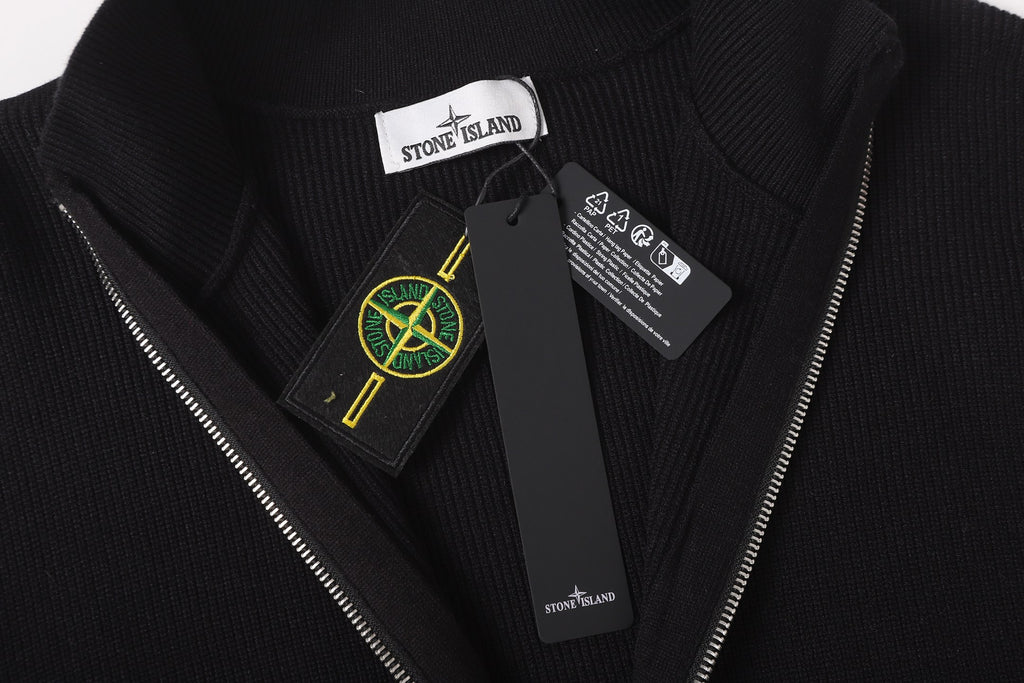 Stone Island jacket neckline with inner label and green yellow emblem patch