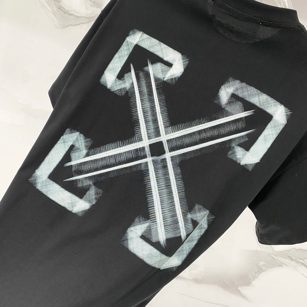 Black T-shirt with large white-blue arrow and cross graphic