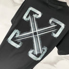 Black T-shirt with large white-blue arrow and cross graphic