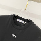 Black T-shirt close-up of crew neck and OFF logo on chest