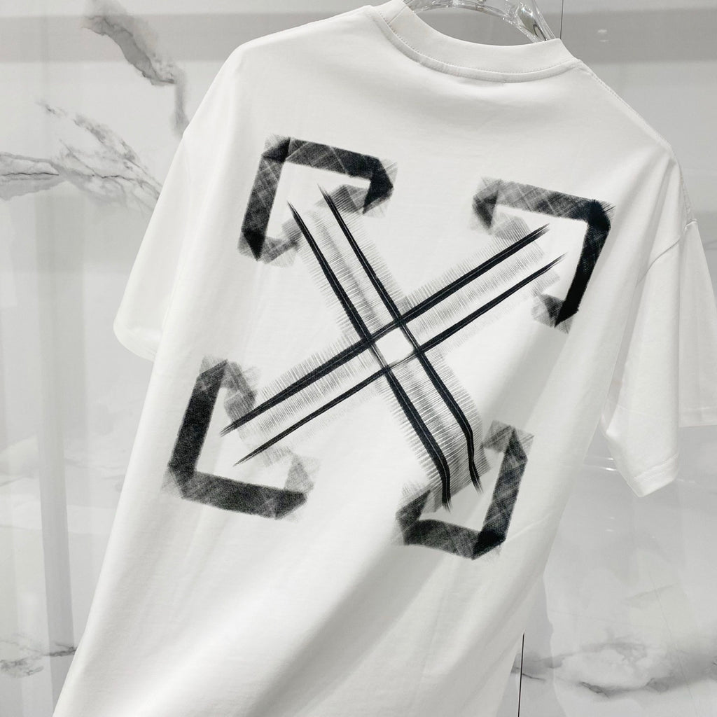 Off-white T-shirt back with large black arrow X graphic