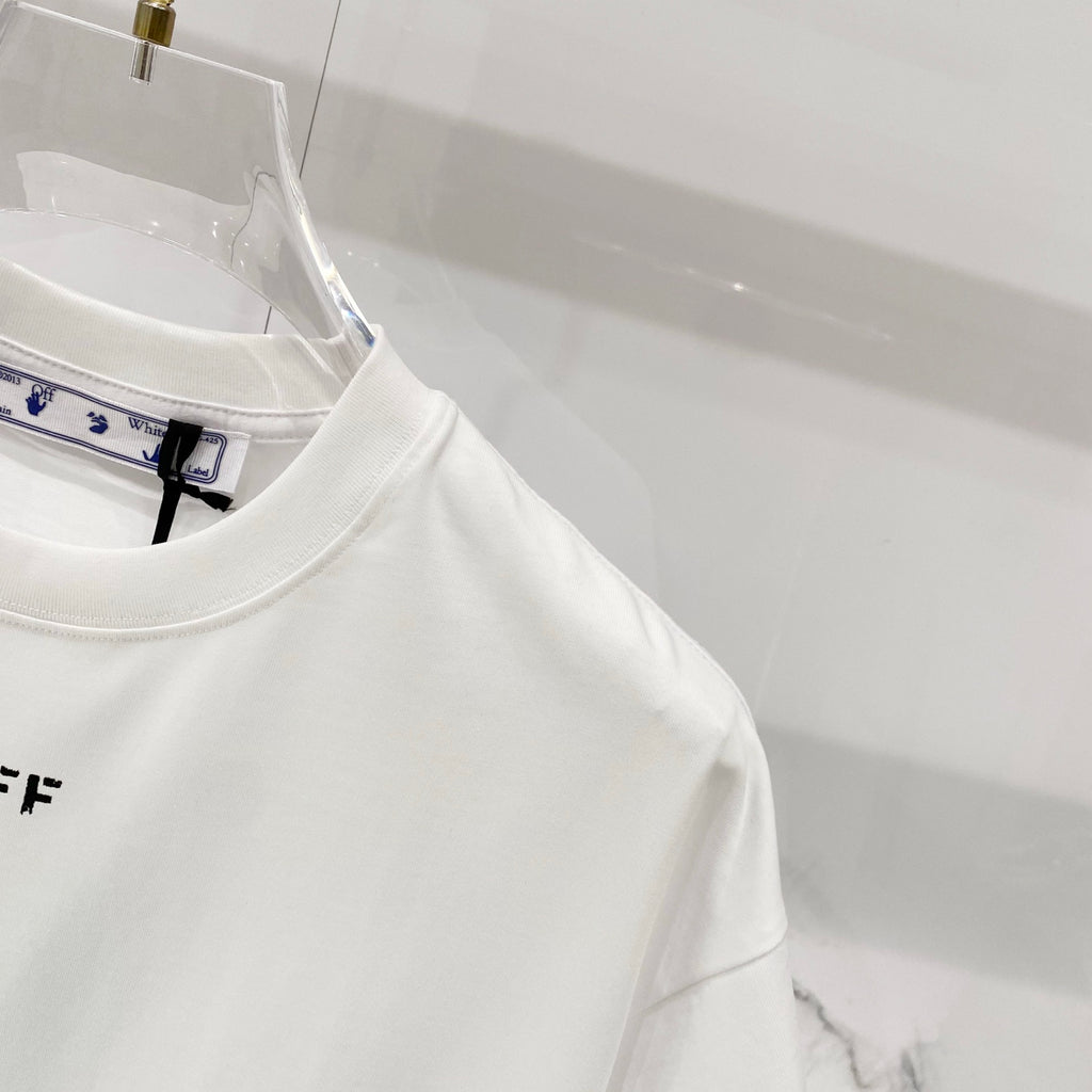 Off-white T-shirt collar with internal brand label and tag