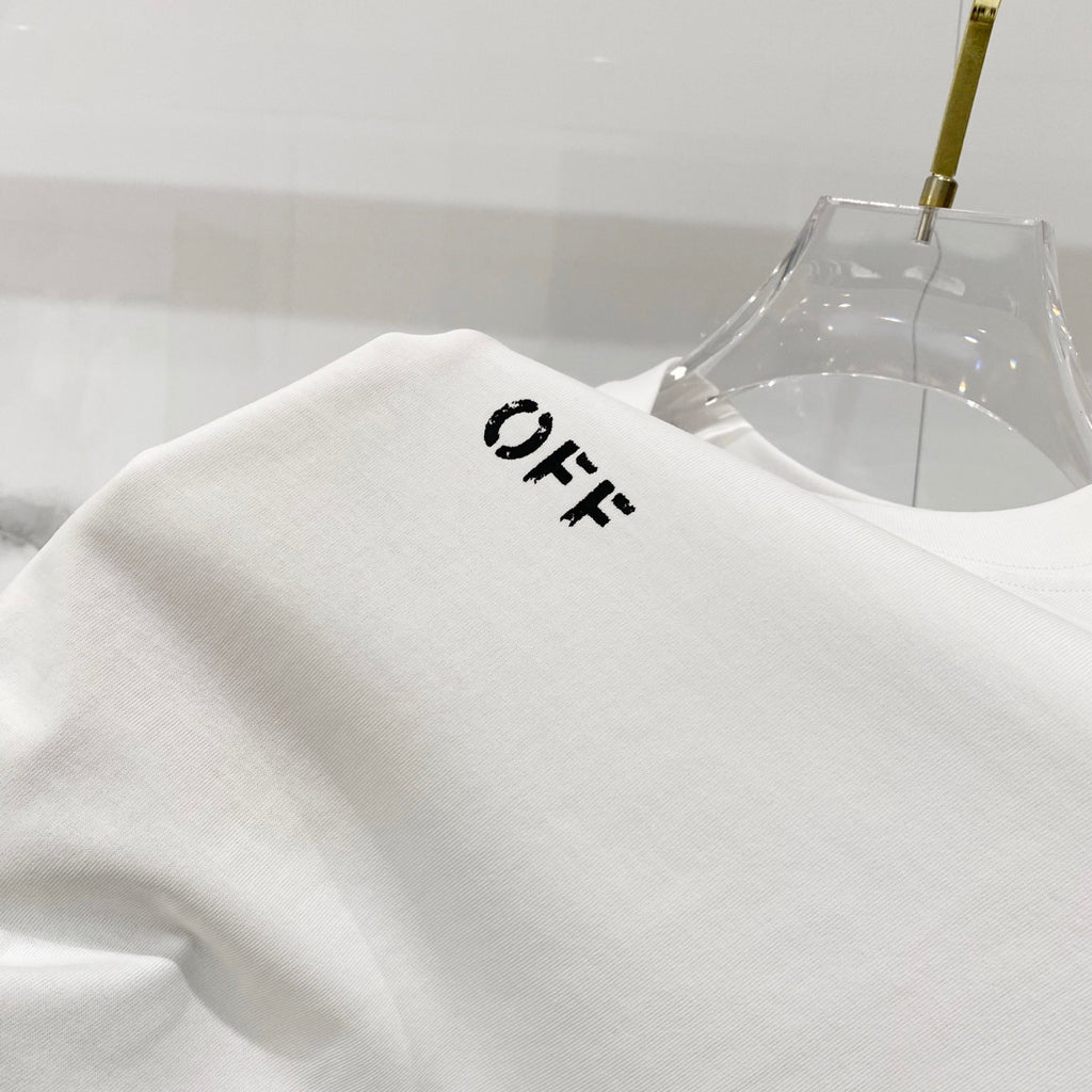 Off-white T-shirt shoulder seam with small OFF logo