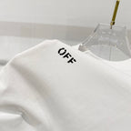 Off-white T-shirt shoulder seam with small OFF logo