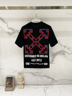 Off-White black T-shirt with red star graphic and "DESIGNED IN MILAN" text