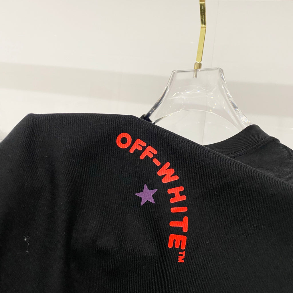 Off-White black T-shirt back with vertical OFF-WHITE logo and purple star