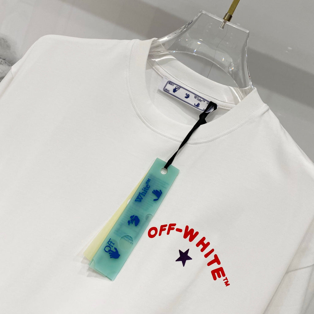 White T-shirt with OFF-WHITE graphic on chest and attached hang tag