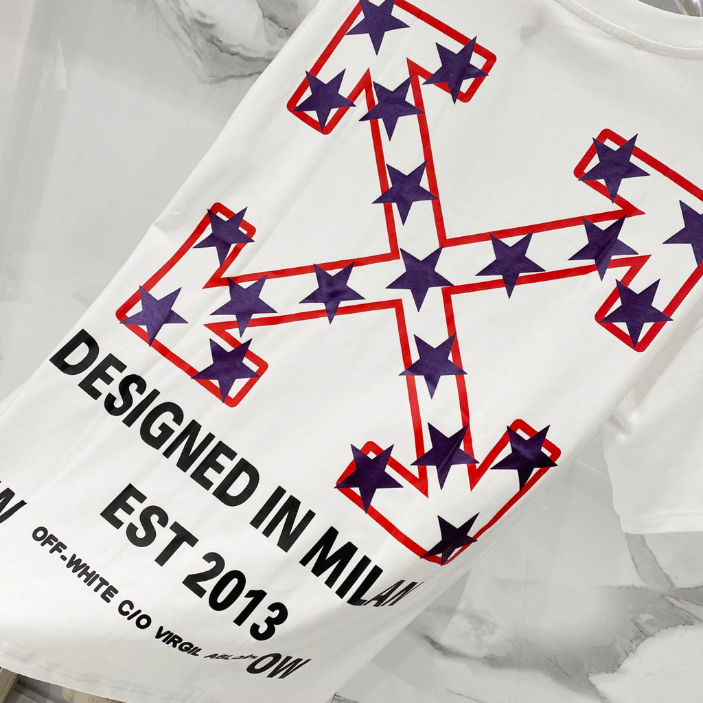 White short-sleeve T-shirt with large star cross print and 'DESIGNED IN MILAN EST 2013'