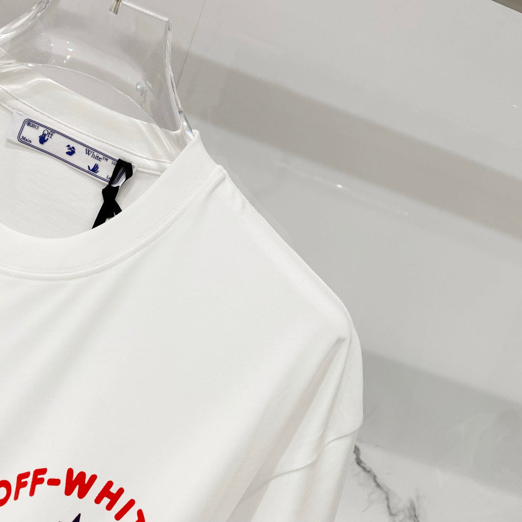 White short-sleeve T-shirt on hanger, showing partial OFF-WHITE print