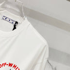 White short-sleeve T-shirt on hanger, showing partial OFF-WHITE print