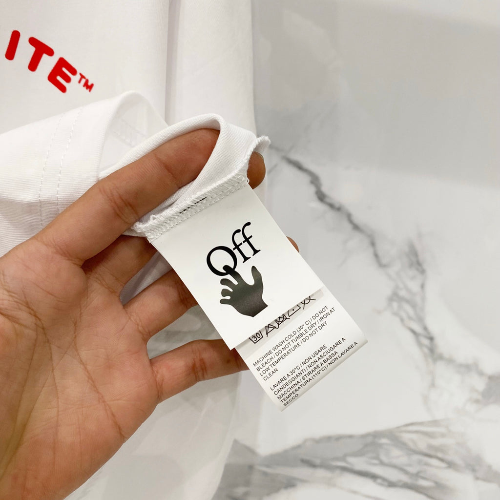 White T-shirt neck label with OFF-WHITE logo on inside care tag