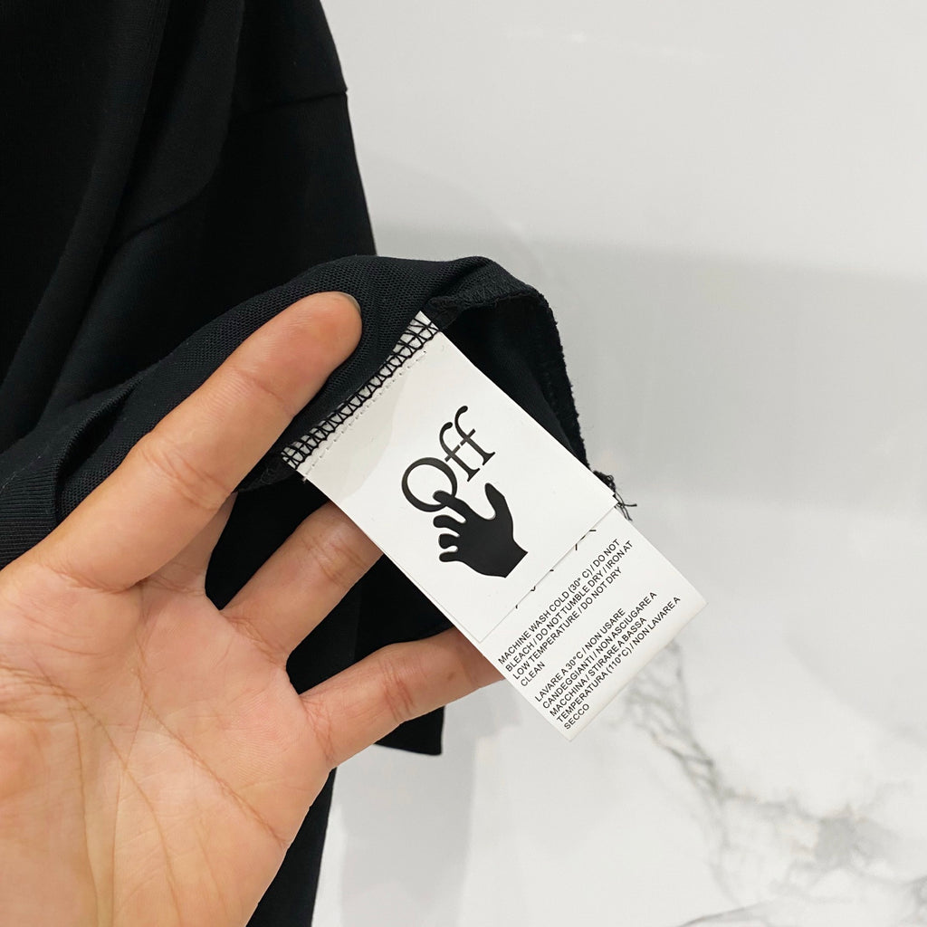 Off White black T-shirt care label detail on inside neck