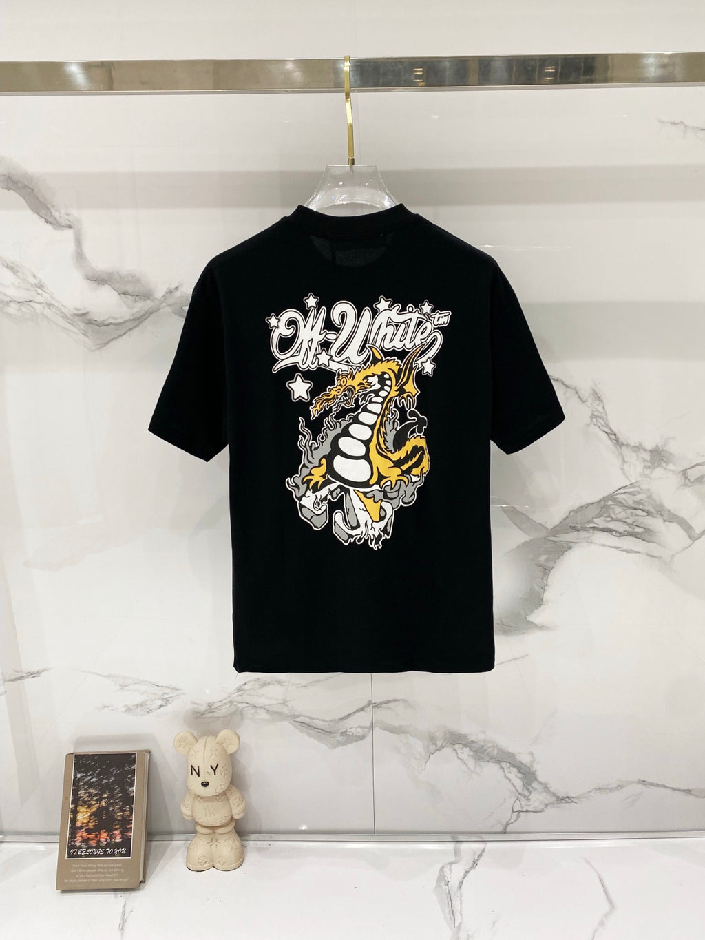 Off White black T-shirt with large front dragon graphic, short sleeves