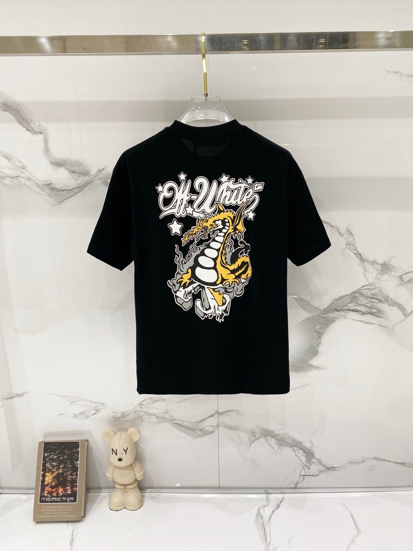Off White black T-shirt with large front dragon graphic, short sleeves