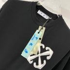 Off White black T-shirt collar close-up with hanging size tag