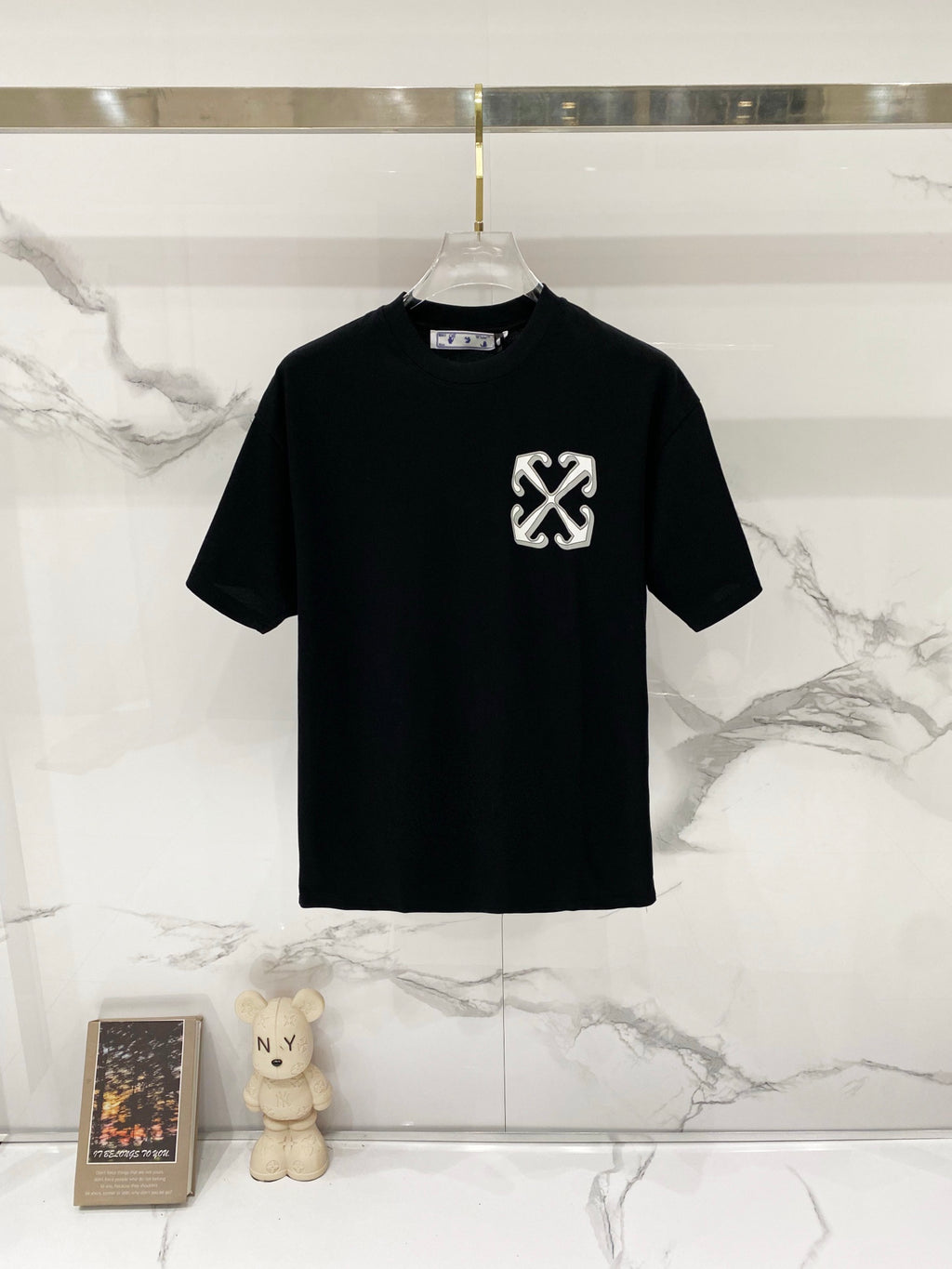 Off White black T-shirt with small chest logo, short sleeves