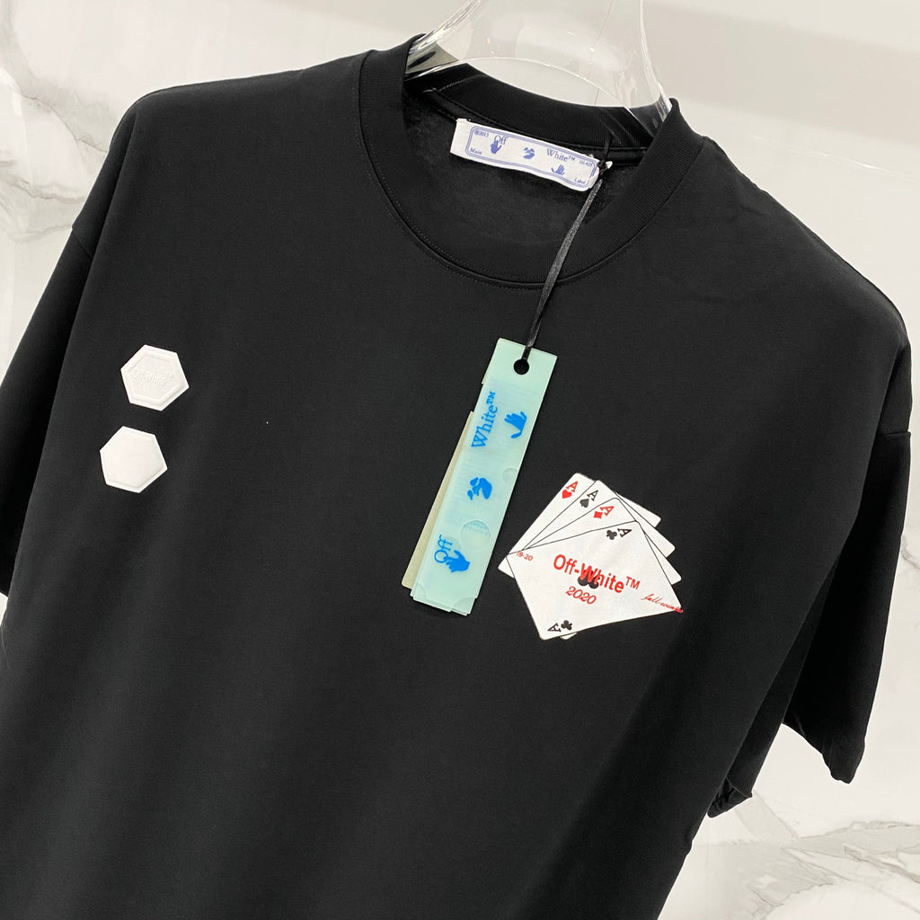 Off-White T-shirt front with card fan graphic and hanging retail tags