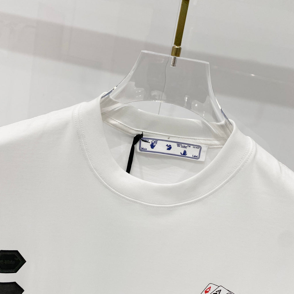 Off-White T-shirt neckline with ribbed crew collar and blue brand label tag