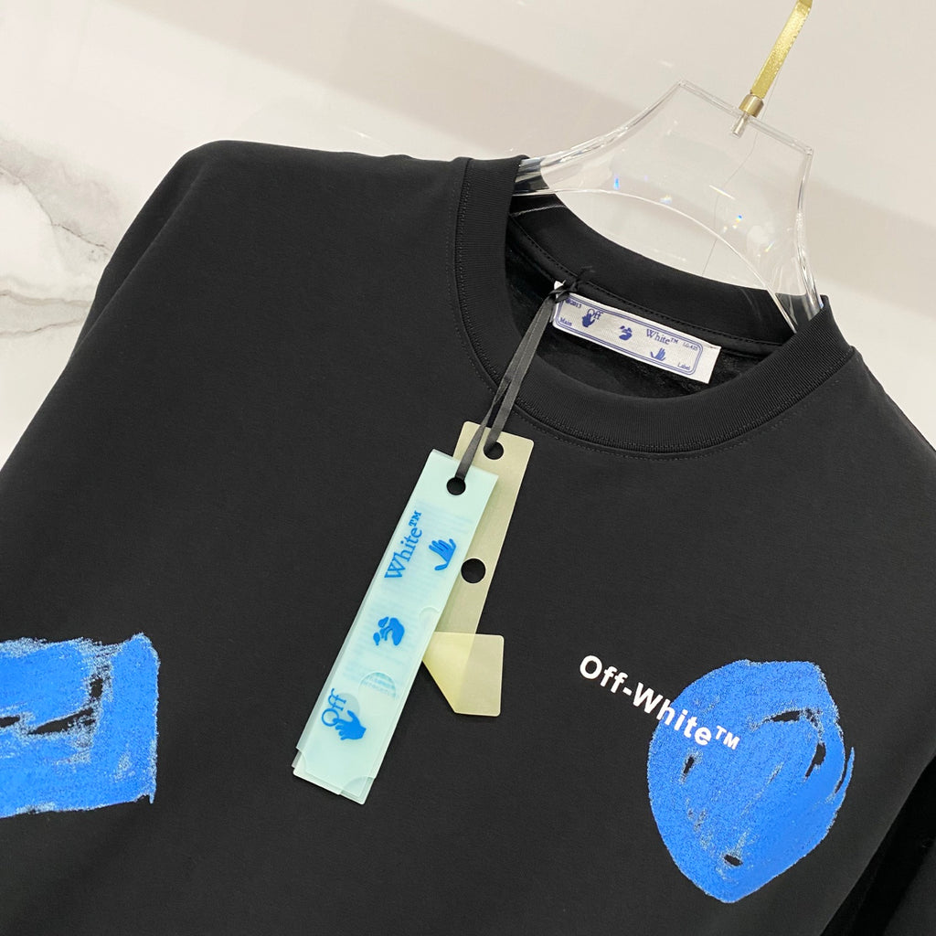 Off-White black T-shirt with blue graphic and Off-White text on the front