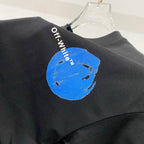 Off-White black T-shirt with blue circular graphic on the shoulder