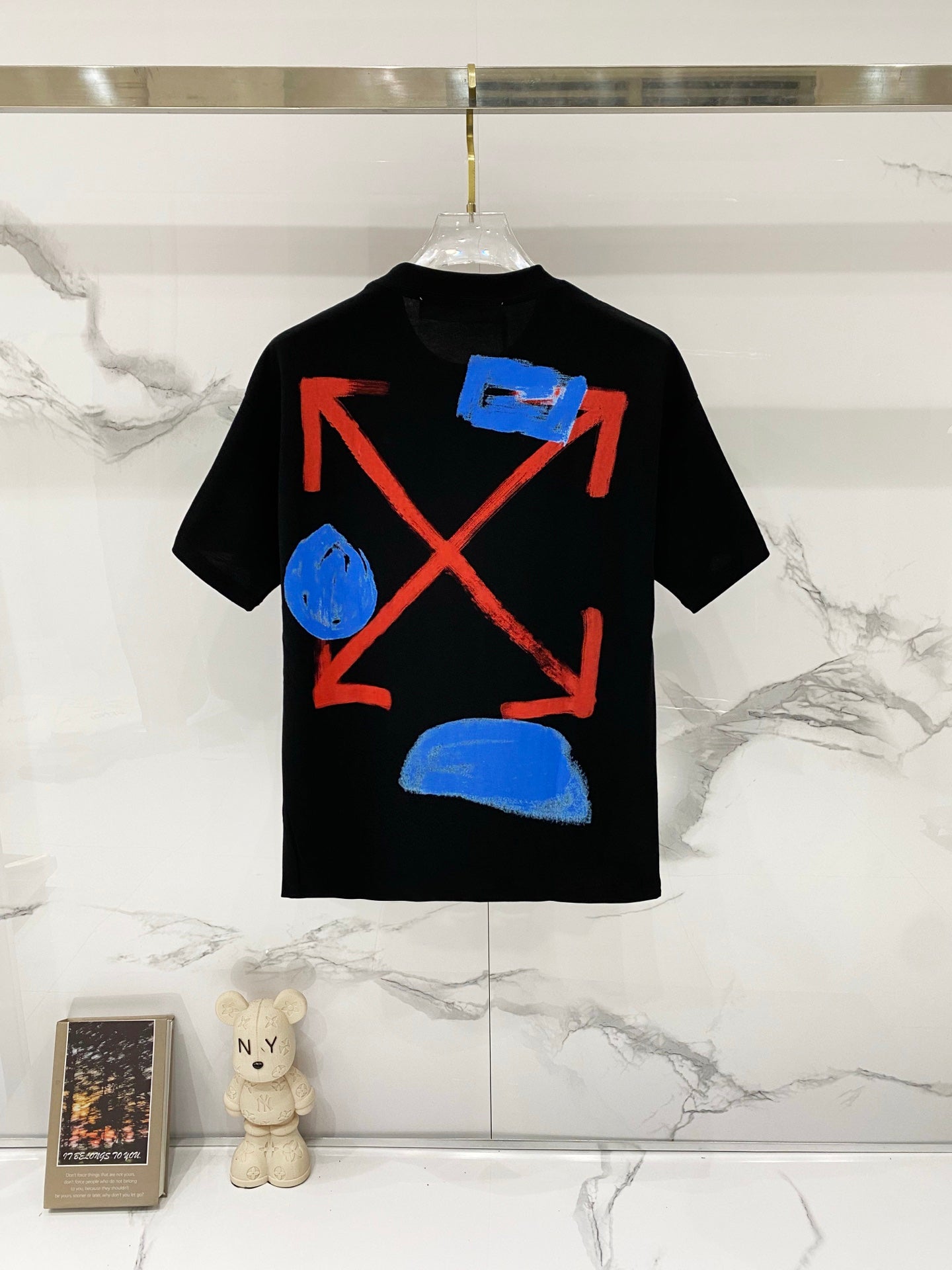 Off-White black T-shirt with large blue and red abstract cross print on the back