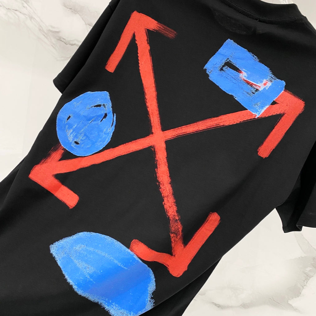 Off-White black T-shirt with blue and red geometric graffiti-style print