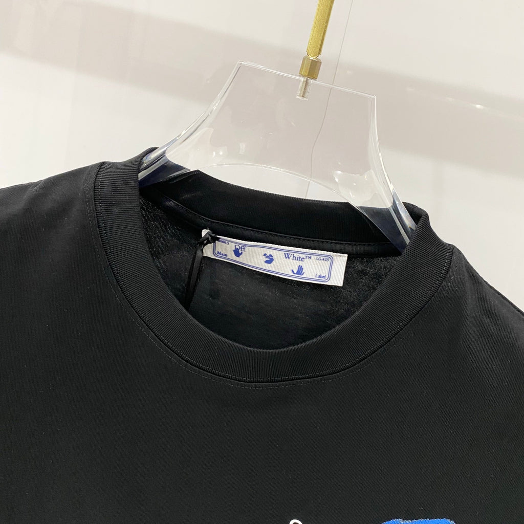 Off-White black crewneck T-shirt with blue graphic near the chest
