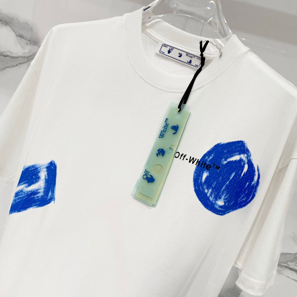 Off-White white T-shirt with blue brush logo graphics and neck tag