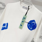 Off-White white T-shirt with blue brush logo graphics and neck tag