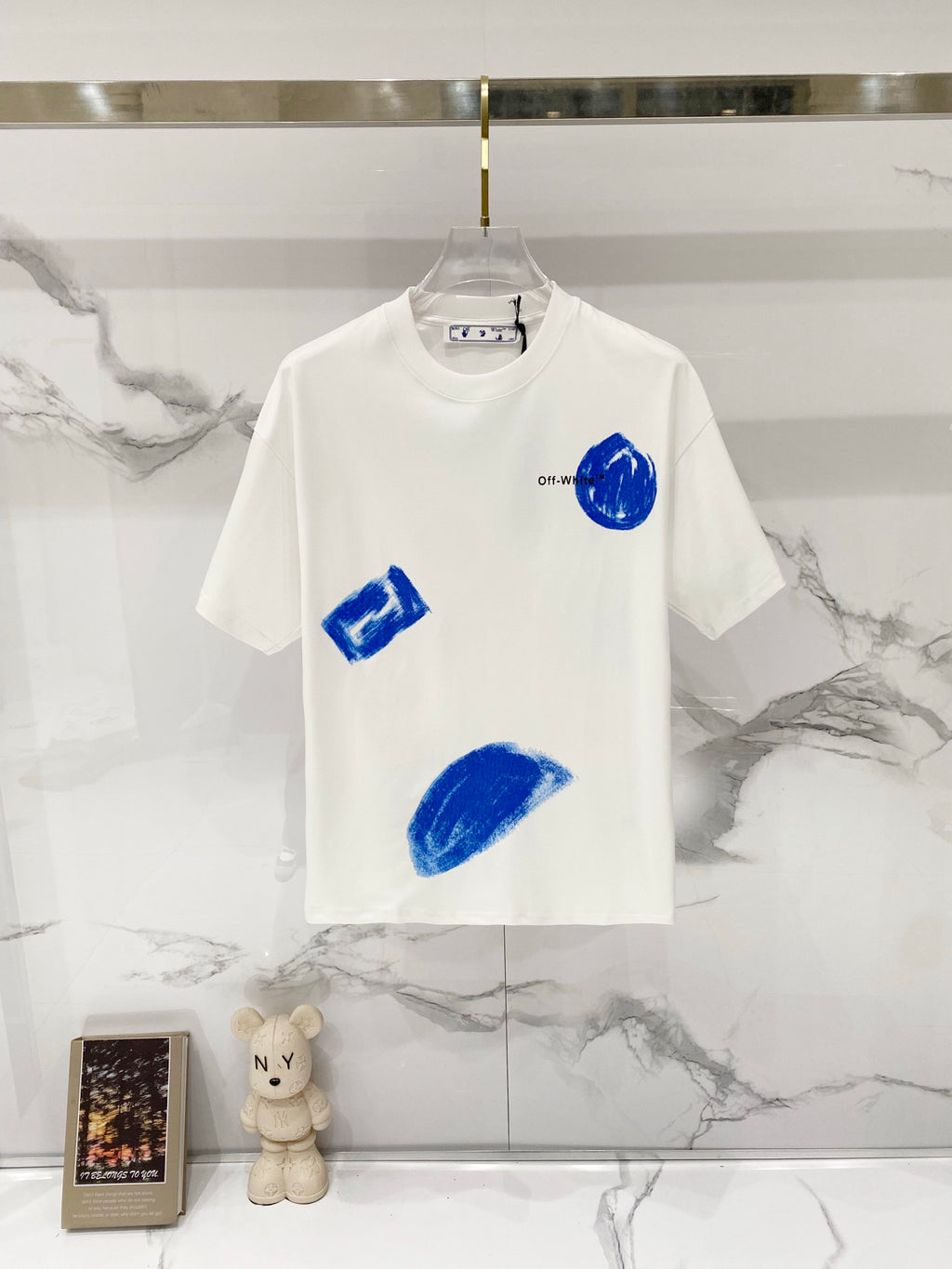 Off-White white T-shirt with blue marker-style graphics front