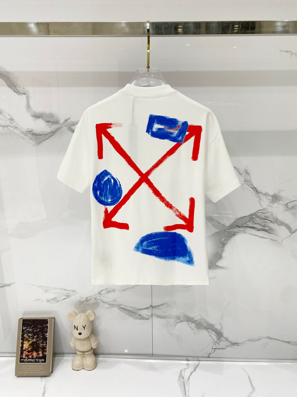 Off-White white T-shirt with blue and red marker-style graphics on back