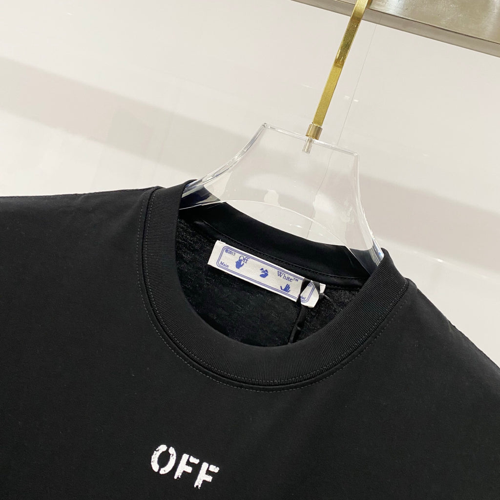 Black T-shirt neckline with small 'OFF' text and white interior label