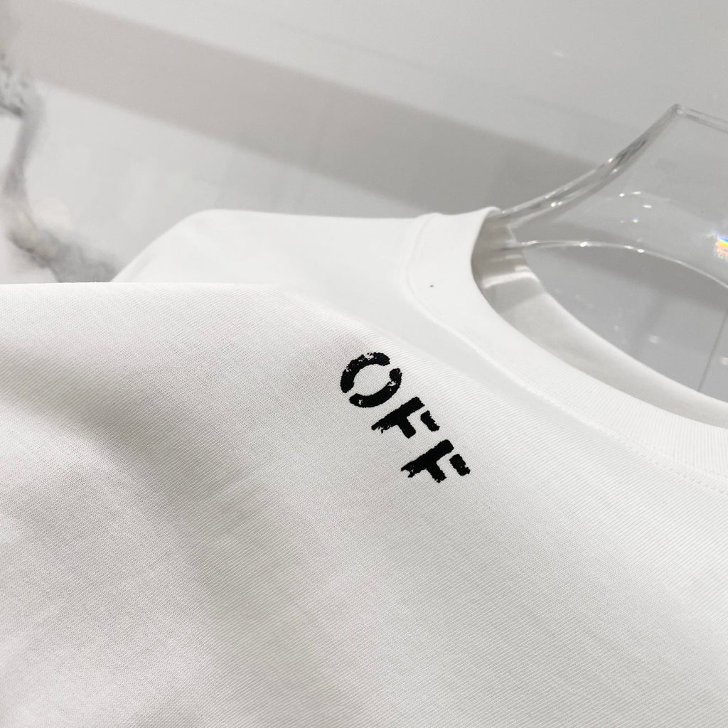 White T-shirt fabric with small black “OFF” logo print