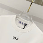 White crew-neck T-shirt with small “OFF” logo print on the chest