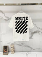 White T-shirt back with large black “WHITE” text and diagonal stripe graphic