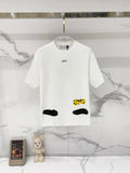 White T-shirt with small chest logo print and black graphic accents