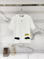 White T-shirt with small chest logo print and black graphic accents